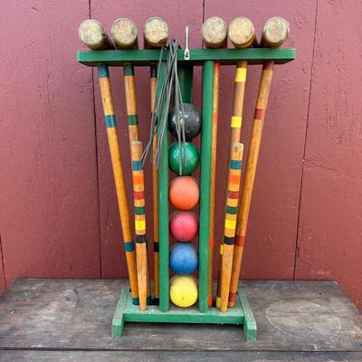 LOT 175G: Vintage South Bend Toys Wooden Croquet Set Lawn Games Family Mallet