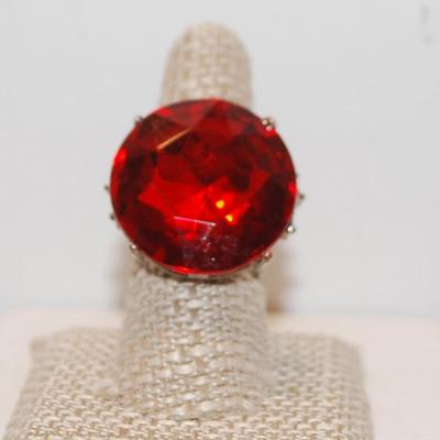 Red-Orange Faceted Large Stone Ring with Split Band Size 9