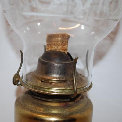 Brass-Style Base Oil Lamp with Flowery Design Chimney & Wick 15" Tall