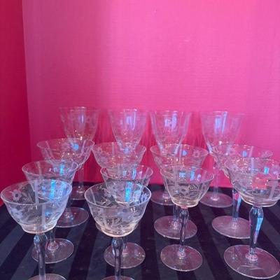 Lot 201 Glassware Vintage etched crystal barware 14pc