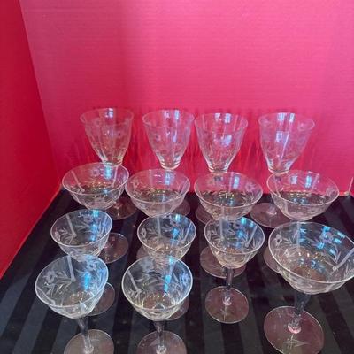 Lot 201 Glassware Vintage etched crystal barware 14pc