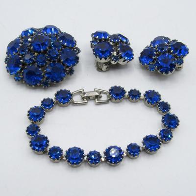 Royal Blue stone Vintage Fashion Jewelry Rhinestone set - Brooch, Earrings, and Bracelet
