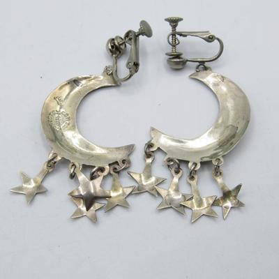 Vintage Abolone & Silver Tone Jewelry Moon & Stars clip-on Earrings