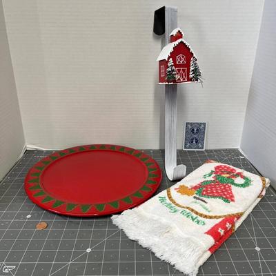 German Christmas Platter, Wreath Hook, and Dish Towel