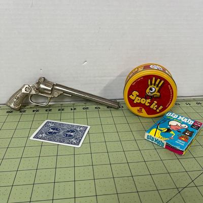 Toy Gun, Old Maid, and Spot It Tin