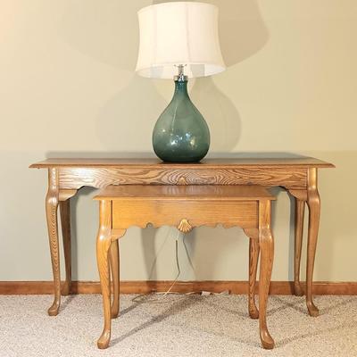 LOT 43K: Queen Anne Style Wood Console and Hall Table with Glass Bottle Lamp