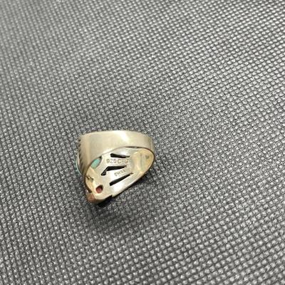 Turquoise, coral, silver ring. Size 7
