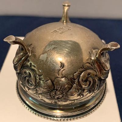 Footed Sterling Silver Salt Container & Spoon w/ Cobalt Blue Glass Insert