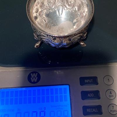 Footed Sterling Silver Salt Container & Spoon w/ Cobalt Blue Glass Insert