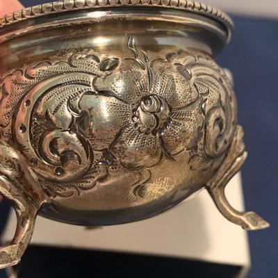 Footed Sterling Silver Salt Container & Spoon w/ Cobalt Blue Glass Insert