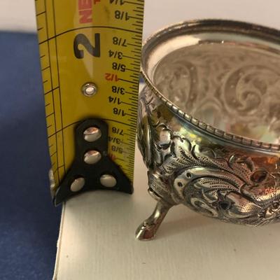 Footed Sterling Silver Salt Container & Spoon w/ Cobalt Blue Glass Insert