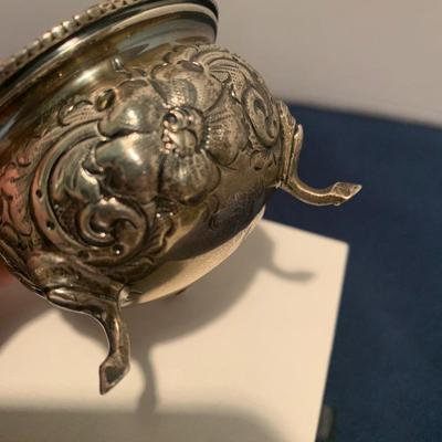 Footed Sterling Silver Salt Container & Spoon w/ Cobalt Blue Glass Insert