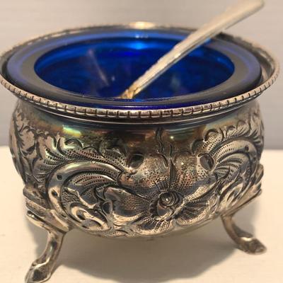 Footed Sterling Silver Salt Container & Spoon w/ Cobalt Blue Glass Insert