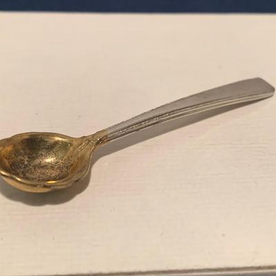 Footed Sterling Silver Salt Container & Spoon w/ Cobalt Blue Glass Insert