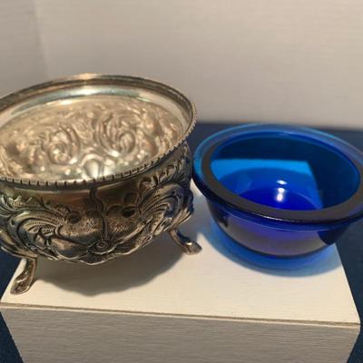 Footed Sterling Silver Salt Container & Spoon w/ Cobalt Blue Glass Insert