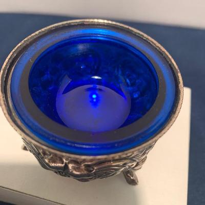 Footed Sterling Silver Salt Container & Spoon w/ Cobalt Blue Glass Insert