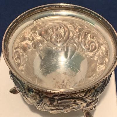 Footed Sterling Silver Salt Container & Spoon w/ Cobalt Blue Glass Insert