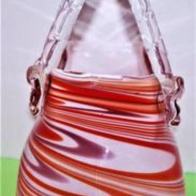 Orange and White "Murano" Style All-Glass Basket 9" H x 7" W x 5" D