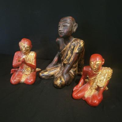 Three Carved Wooden Monk Statues (BS-DW)