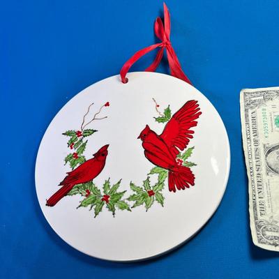 CERAMIC HANGING PLAQUE WITH RED CARDINALS AND HOLLY