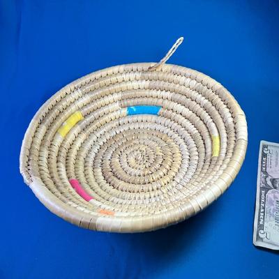 STURDY, TIGHTLY WOVEN BASKET WITH FABRIC EMBELLISHMENT & LOOP FOR HANGING