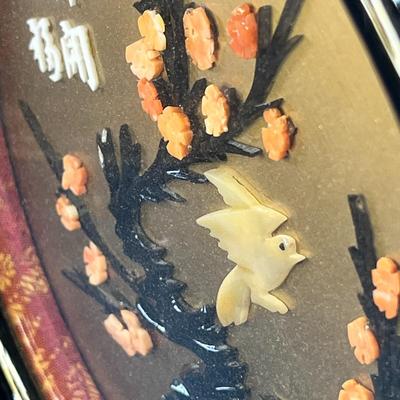 FRAMED ASIAN PICTURE MADE OF CARVED STONE AND SEASHELL ON SELF STAND