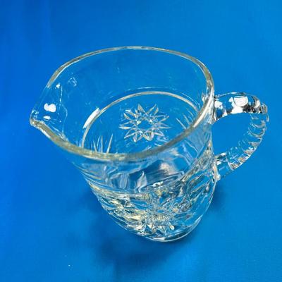 CLEAR PRESSED GLASS FANCY JUICE PITCHER