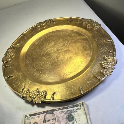 OLDER CHINESE BRASS PLATTER WITH 3-D EMBELLISHMENT