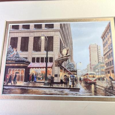 FRAMED DOUBLE MATTED PITTSBURGH DEPARTMENT STORE CHRISTMASTIME PRINTS PAIR
