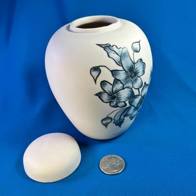 BISQUE GINGER JAR WITH PAINTED BLUE FLOWERS