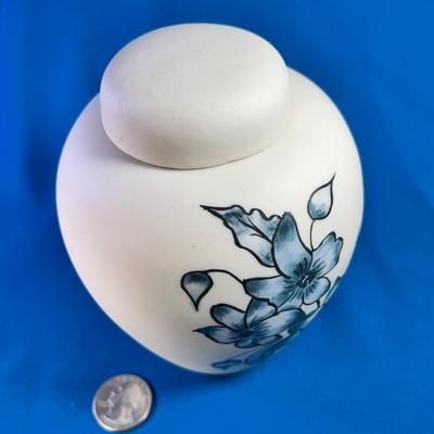 BISQUE GINGER JAR WITH PAINTED BLUE FLOWERS