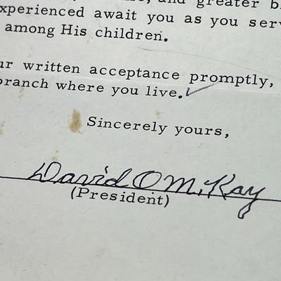 L.D.S. MISSION CALL LETTER FROM 1963 WITH DAVID O. MCKAY SIGNATURE