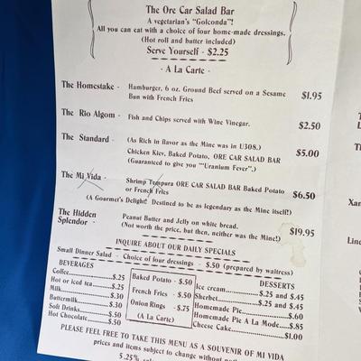 VINTAGE URANIUM KING CHARLIE STEEN'S MI VIDA STEAKHOUSE AND LOUNGE IN MOAB, UTAH MENU