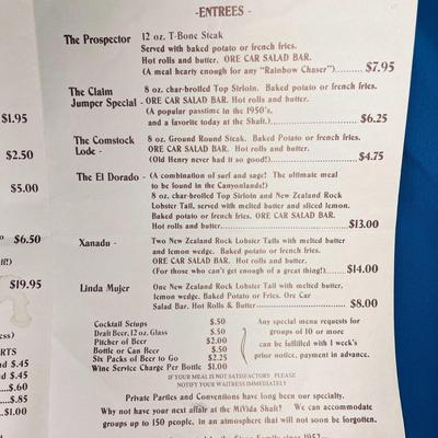VINTAGE URANIUM KING CHARLIE STEEN'S MI VIDA STEAKHOUSE AND LOUNGE IN MOAB, UTAH MENU