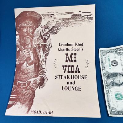 VINTAGE URANIUM KING CHARLIE STEEN'S MI VIDA STEAKHOUSE AND LOUNGE IN MOAB, UTAH MENU