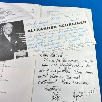 1960's PERSONAL NOTES FROM ALEXANDER SHREINER, MORMON TABERNACLE ORGANIST