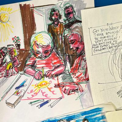 GROUP OF 8 SKETCHES OF KIDS, FAMILIES, SITUATIONS