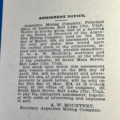 1904 MINING COMPANY STOCK NOTICE POSTCARD