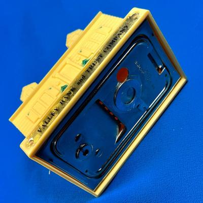 VINTAGE VALLEY BANK and TRUST PLASTIC HOUSE BANK WITH KEY AND METAL BOTTOM