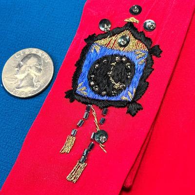 VINTAGE LADIES' RED SILK TIE WITH HAND-EMBROIDERED AND SEQUINED CLOCK MOTIF