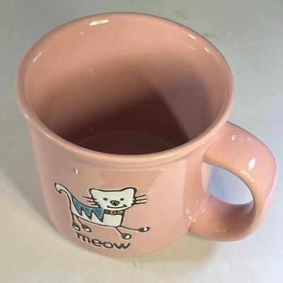 PINK CERAMIC "MEOW" MUG WITH INCISED WALKING KITTY CAT