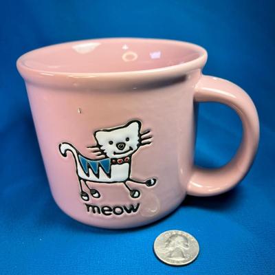 PINK CERAMIC "MEOW" MUG WITH INCISED WALKING KITTY CAT