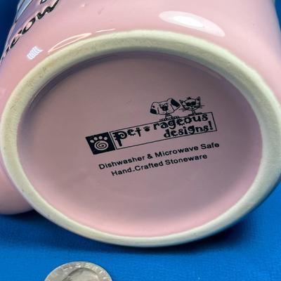 PINK CERAMIC "MEOW" MUG WITH INCISED WALKING KITTY CAT
