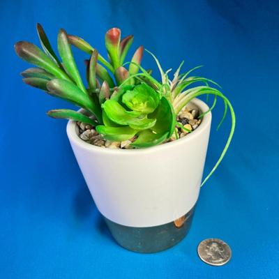 FAUX SUCCULENTS IN GOLD-ISH, COPPER-ISH TRIMMED CERAMIC POT