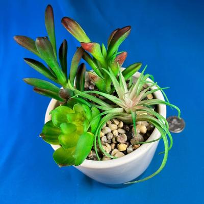 FAUX SUCCULENTS IN GOLD-ISH, COPPER-ISH TRIMMED CERAMIC POT