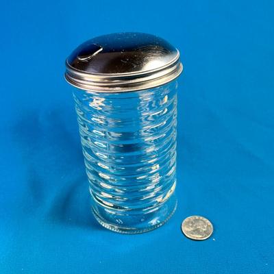 GLASS SUGAR SHAKER WITH METAL FLIP TOP LID