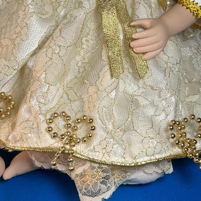 PORCELAIN FAIRY/ANGEL DOLL w/ CURLY HAIR, REAL EYELASHES, GOLD TRIMMED GOWN
