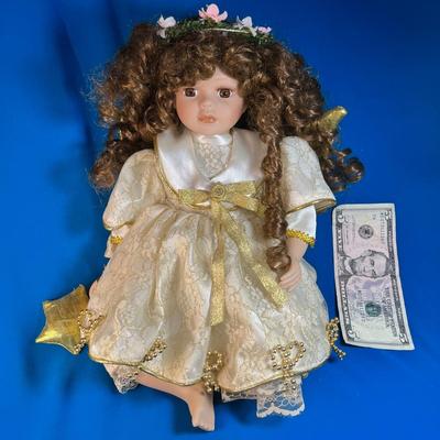 PORCELAIN FAIRY/ANGEL DOLL w/ CURLY HAIR, REAL EYELASHES, GOLD TRIMMED GOWN