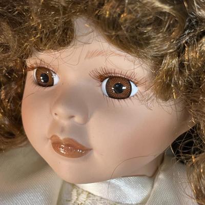 PORCELAIN FAIRY/ANGEL DOLL w/ CURLY HAIR, REAL EYELASHES, GOLD TRIMMED GOWN