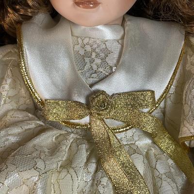 PORCELAIN FAIRY/ANGEL DOLL w/ CURLY HAIR, REAL EYELASHES, GOLD TRIMMED GOWN